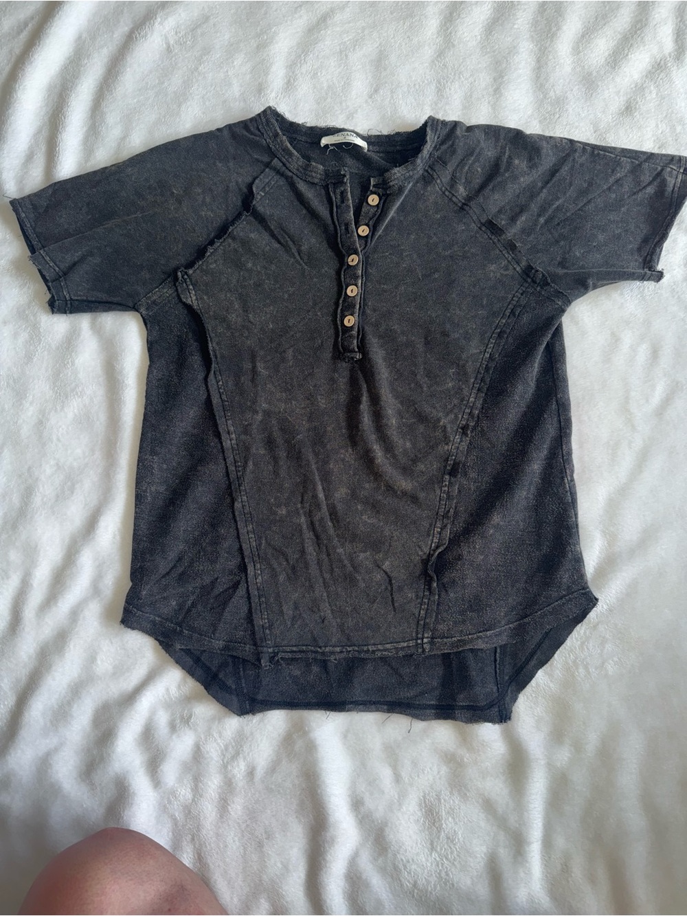Zenana Acid Washed Black Short-Sleeve 1/4 Button Top with exposed seams